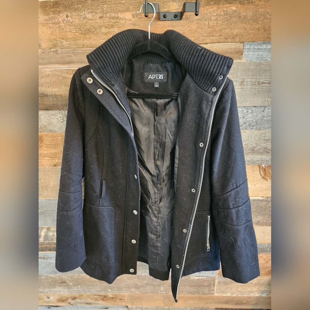 APT. 9 Black Wool Blend Zip & Snap Front Coat | Size M | Ribbed Collar